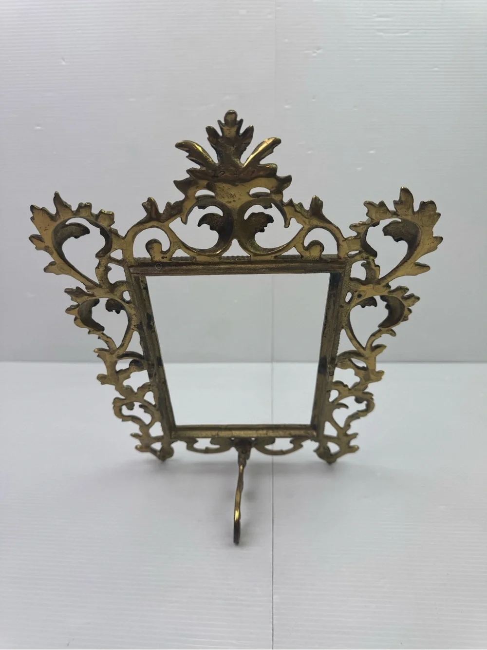 Vintage Cast Brass Picture Frame Rococo Baroque Scrollwork Tabletop Easel Back